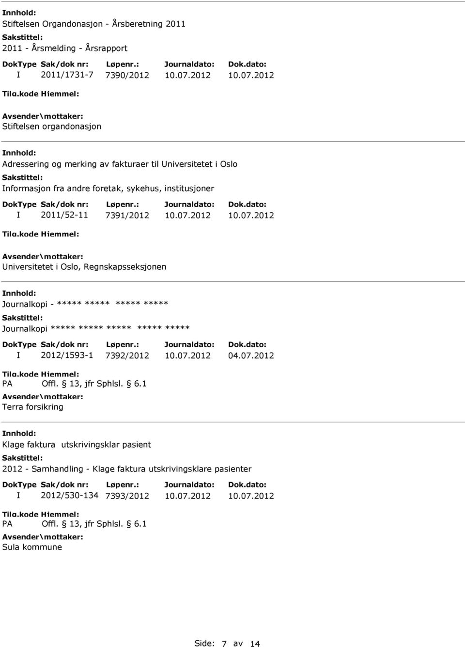 niversitetet i Oslo, Regnskapsseksjonen nnhold: Journalkopi - Journalkopi 2012/1593-1 7392/2012 Terra forsikring 04.07.