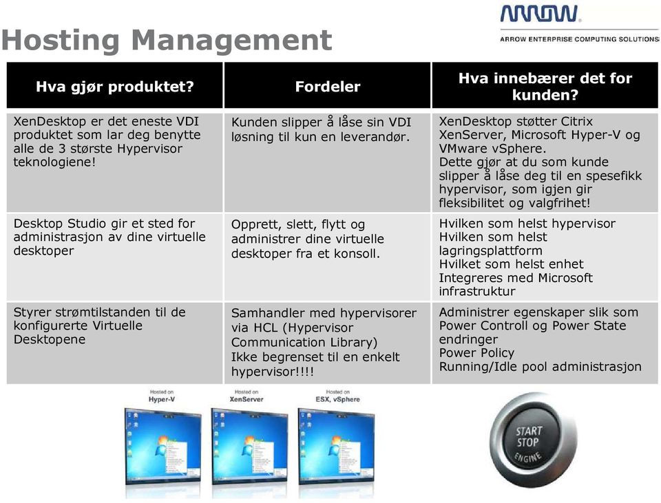 Opprett, slett, flytt og administrer dine virtuelle desktoper fra et konsoll. Samhandler med hypervisorer via HCL (Hypervisor Communication Library) Ikke begrenset til en enkelt hypervisor!