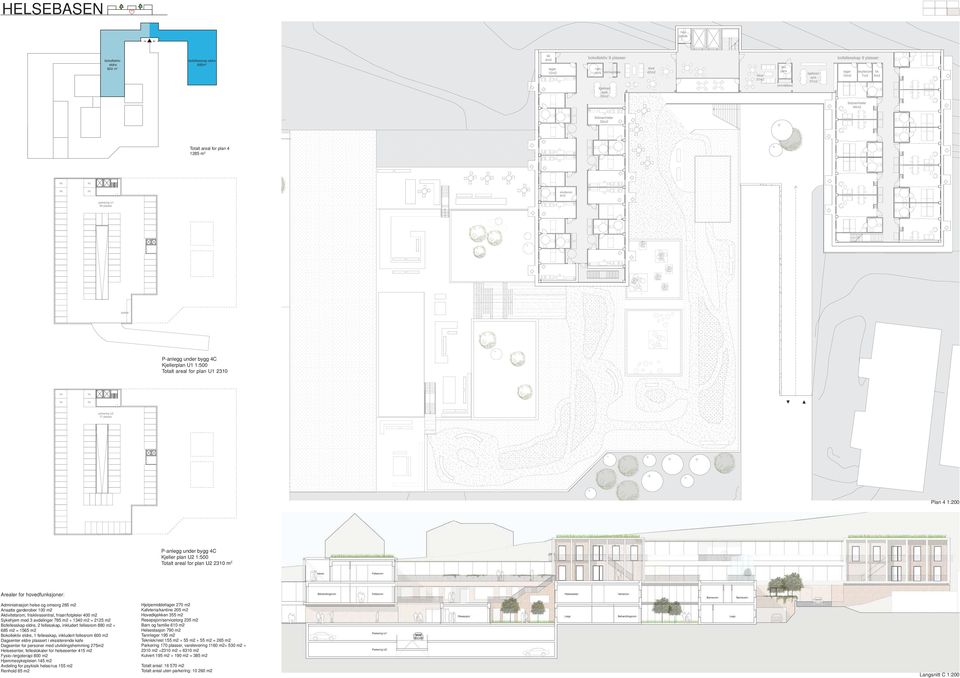 med 3 avdelinger 785 m2 + 1340 m2 = 2125 m2 Bofellesskap eldre, 2 fellesskap, inkludert fellesrom 880 m2 + 685 m2 = 1565 m2 Bokollektiv eldre, 1 fellesskap, inkludert fellesrom 600 m2 Dagsenter eldre