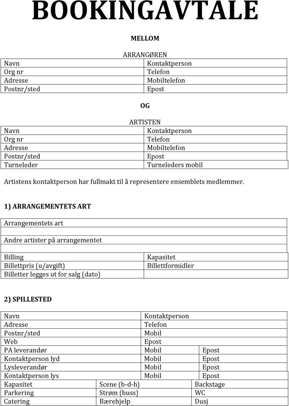 1) ARRANGEMENTETS ART Arrangementets art Andre artister på arrangementet Billing Billettpris (u/avgift) Billetter legges ut for salg (dato) Kapasitet Billettformidler 2) SPILLESTED