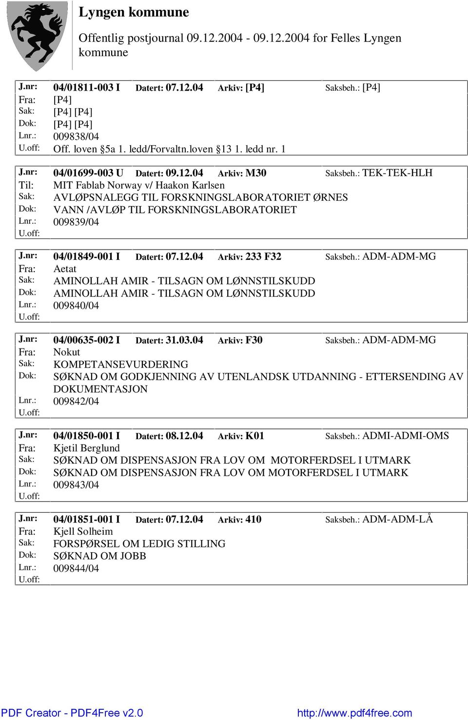 : TEK-TEK-HLH Til: MIT Fablab Norway v/ Haakon Karlsen Sak: AVLØPSNALEGG TIL FORSKNINGSLABORATORIET ØRNES Dok: VANN /AVLØP TIL FORSKNINGSLABORATORIET Lnr.: 009839/04 J.nr: 04/01849-001 I Datert: 07.