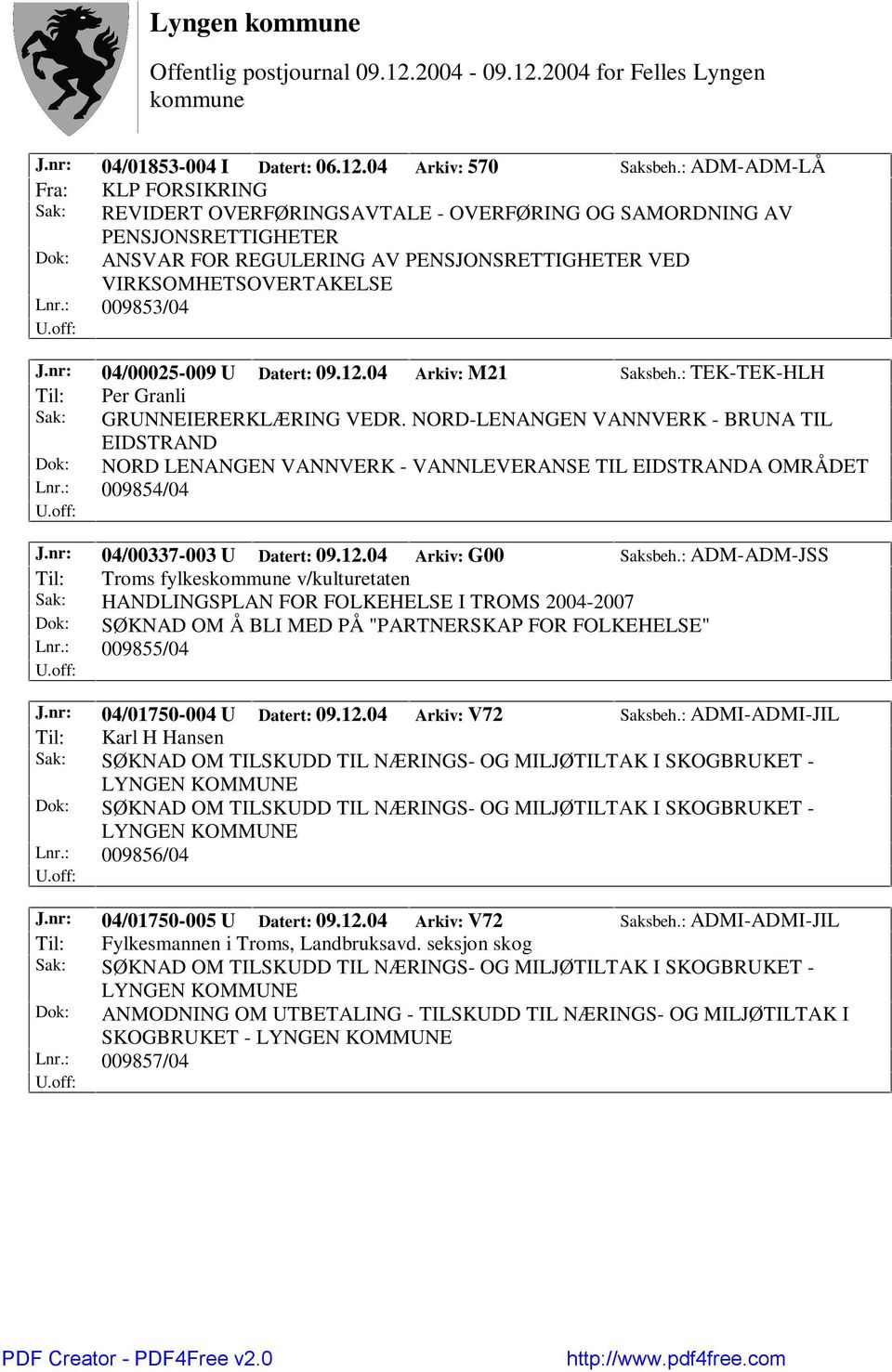 nr: 04/00337-003 U Datert: 09.12.04 Arkiv: G00 Saksbeh.