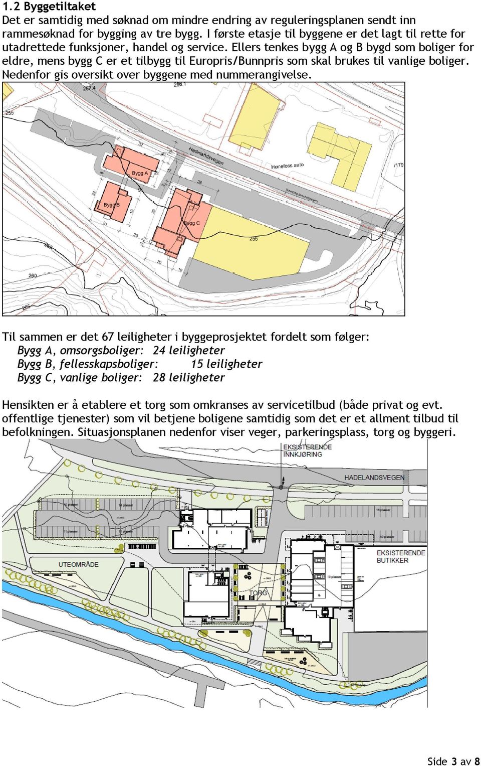 Ellers tenkes bygg A og B bygd som boliger for eldre, mens bygg C er et tilbygg til Europris/Bunnpris som skal brukes til vanlige boliger. Nedenfor gis oversikt over byggene med nummerangivelse.