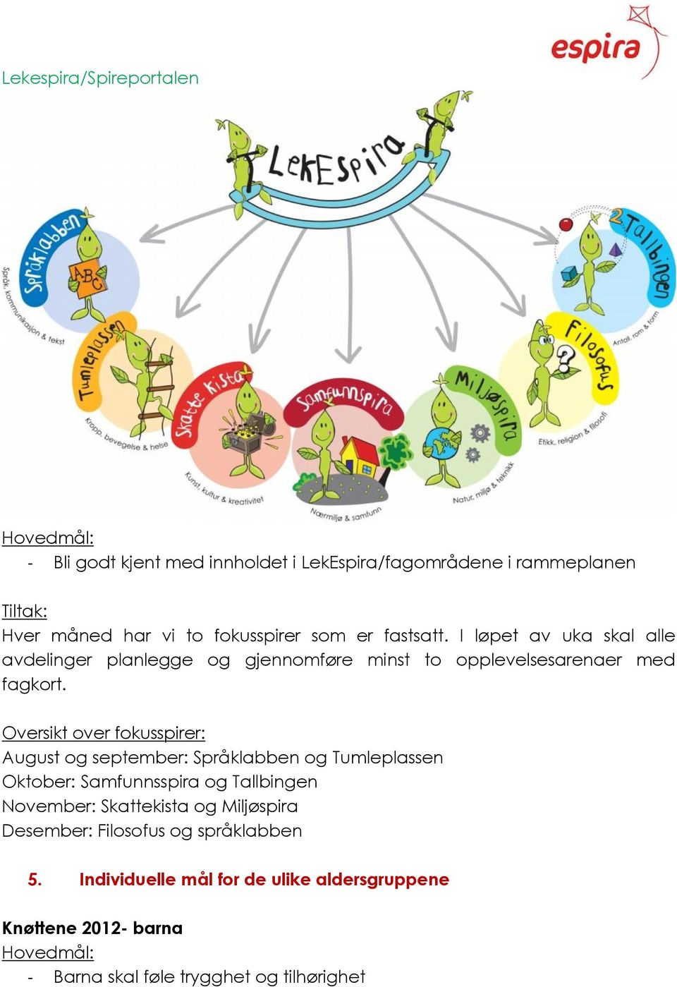 Oversikt over fokusspirer: August og september: Språklabben og Tumleplassen Oktober: Samfunnsspira og Tallbingen November: Skattekista