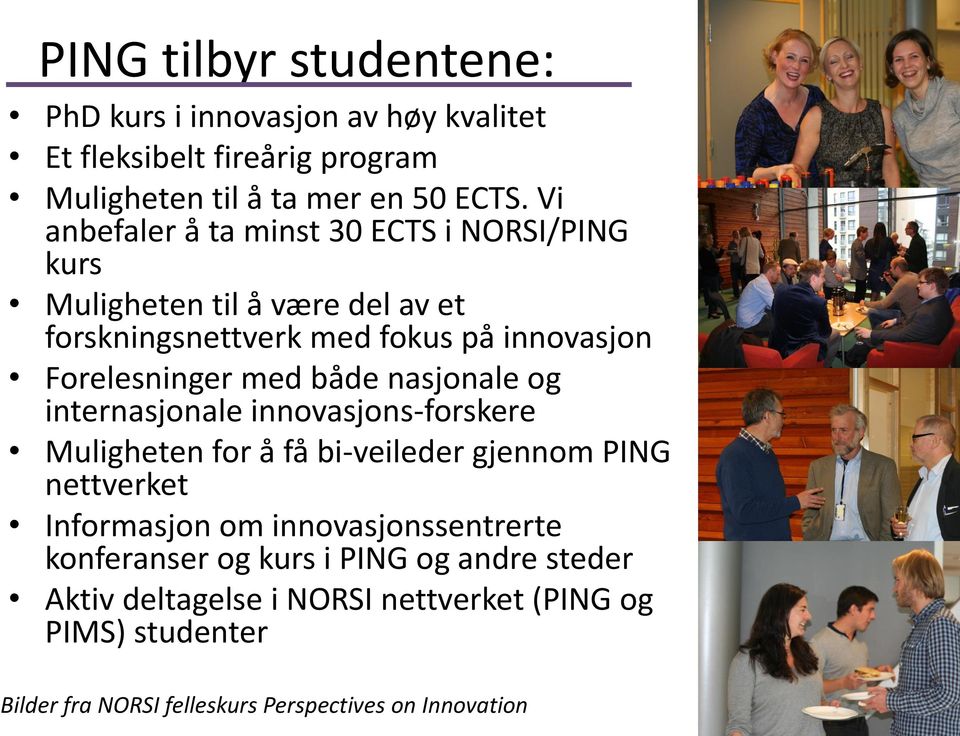 både nasjonale og internasjonale innovasjons-forskere Muligheten for å få bi-veileder gjennom PING nettverket Informasjon om