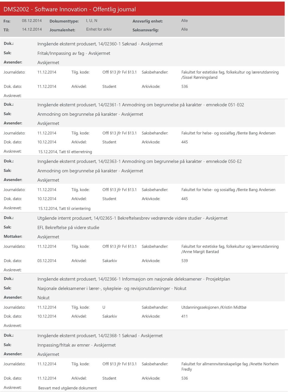 2014 Arkivdel: Student 15.12.2014, Tatt til etterretning Inngående eksternt produsert, 14/02363-1 Anmodning om begrunnelse på karakter - emnekode 050-E2 Anmodning om begrunnelse på karakter - Dok.