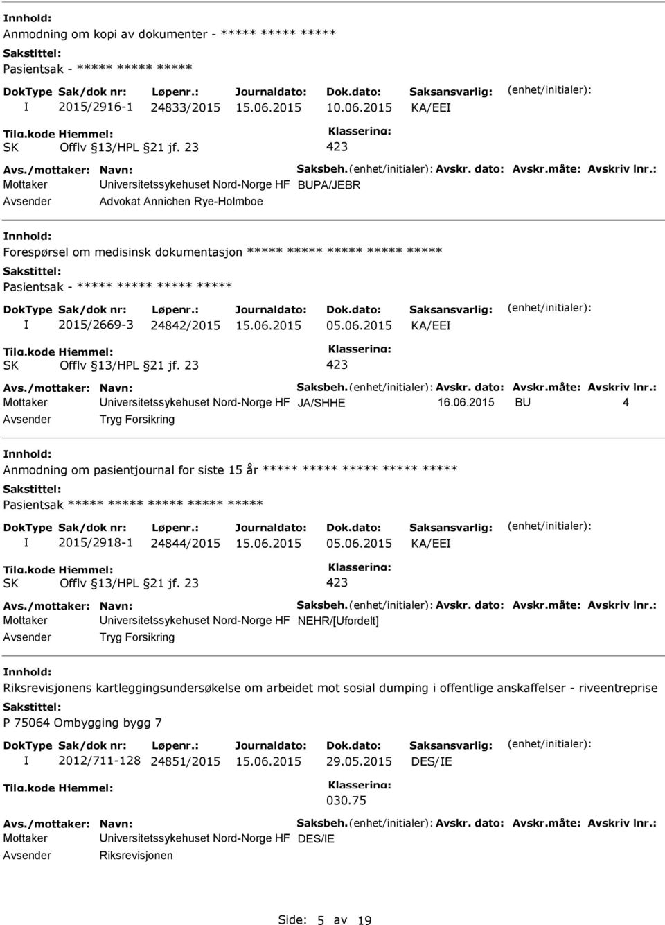 2015 KA/EE Mottaker niversitetssykehuset Nord-Norge HF JA/SHHE 16.06.