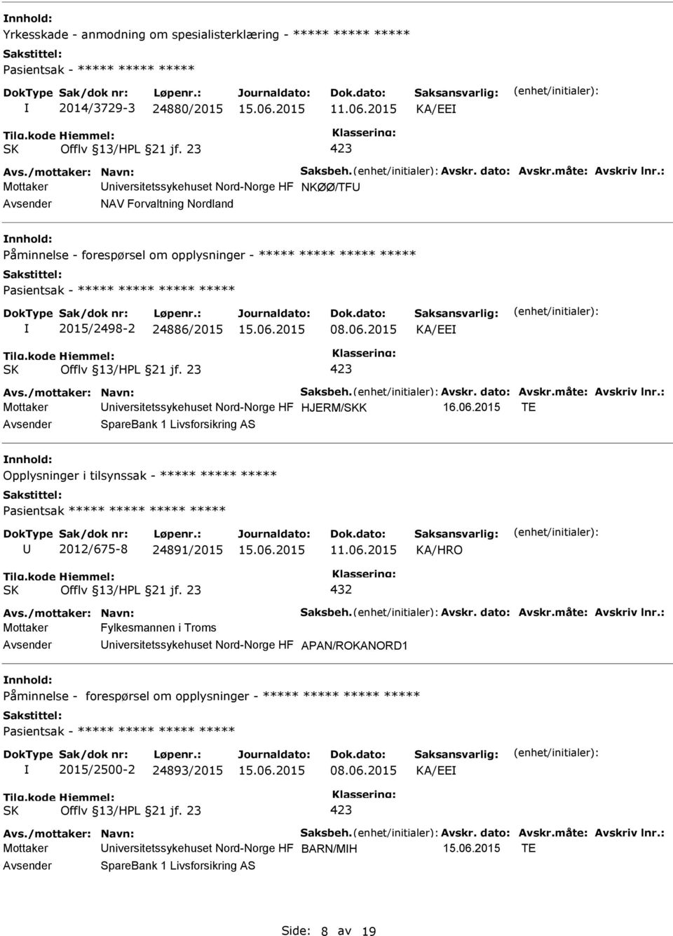 2015 KA/EE Mottaker niversitetssykehuset Nord-Norge HF HJERM/K 16.06.