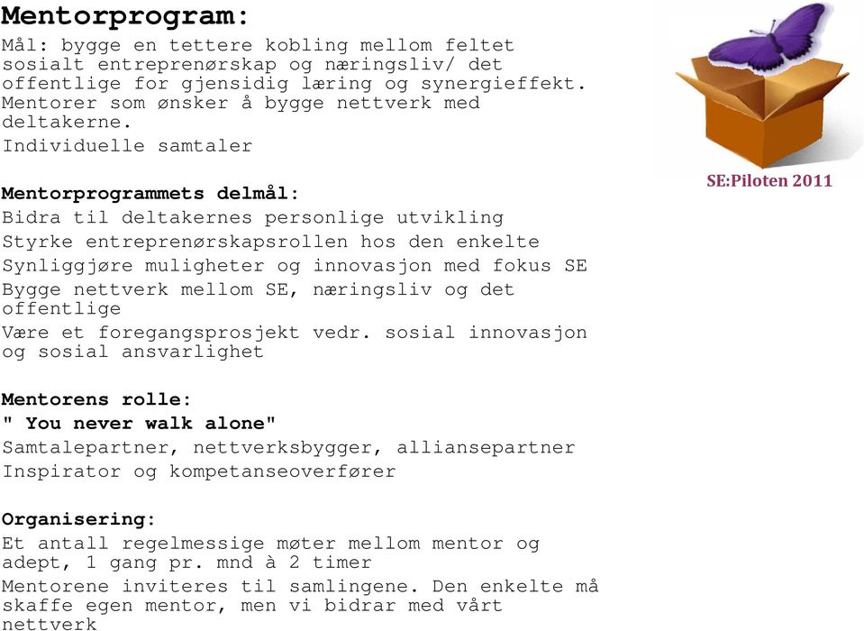Individuelle samtaler Mentorprogrammets delmål: Bidra til deltakernes personlige utvikling Styrke entreprenørskapsrollen hos den enkelte Synliggjøre muligheter og innovasjon med fokus SE Bygge