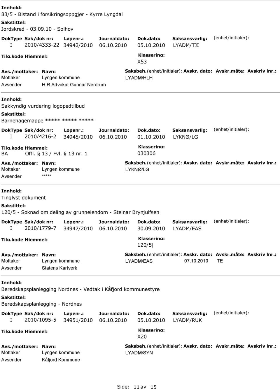 /mottaker: Navn: Saksbeh. Avskr. dato: Avskr.måte: Avskriv lnr.: LYKNØ/LG nnhold: Tinglyst dokument 120/5 - Søknad om deling av grunneiendom - Steinar Brynjulfsen 2010/1779-7 34947/2010 30.09.