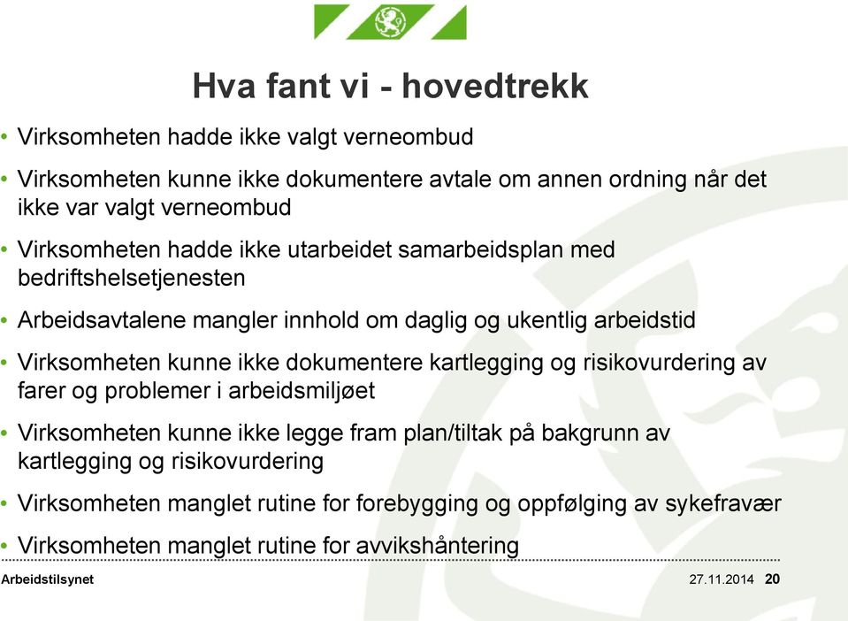 Virksomheten kunne ikke dokumentere kartlegging og risikovurdering av farer og problemer i arbeidsmiljøet Virksomheten kunne ikke legge fram plan/tiltak på