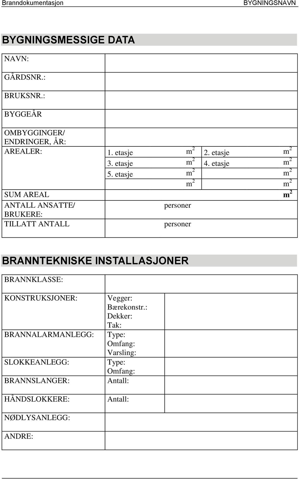 etasje m 2 m 2 m 2 m 2 SUM AREAL m 2 ANTALL ANSATTE/ personer BRUKERE: TILLATT ANTALL personer BRANNTEKNISKE