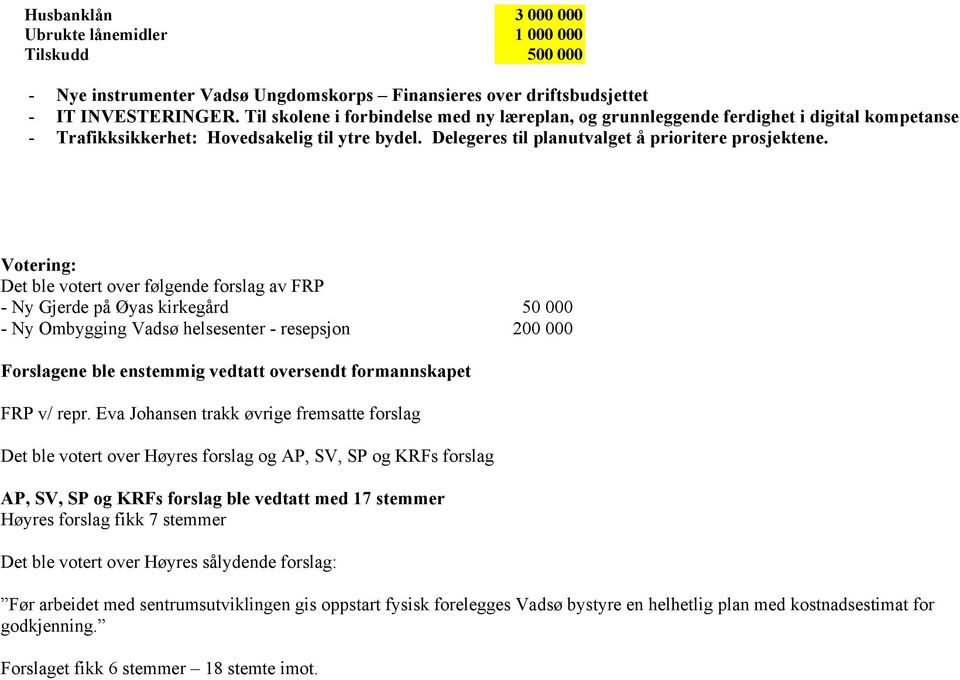 Votering: Det ble votert over følgende forslag av FRP - Ny Gjerde på Øyas kirkegård 50 000 - Ny Ombygging Vadsø helsesenter - resepsjon 200 000 Forslagene ble enstemmig vedtatt oversendt