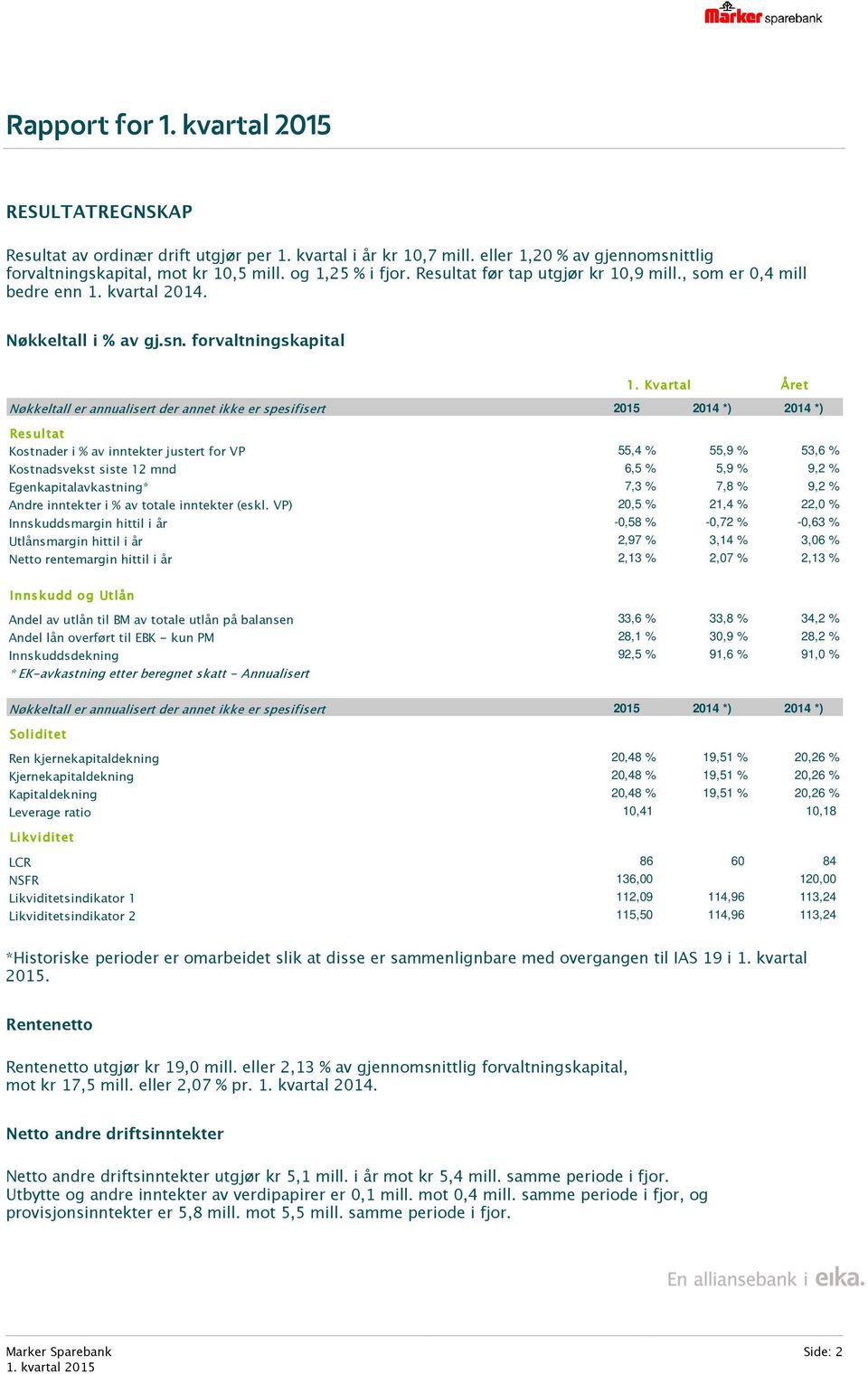 forvaltningskapital Nøkkeltall er annualisert der annet ikke er spesifisert 2015 2014 *) 2014 *) Resultat Kostnader i % av inntekter justert for VP 55,4 % 55,9 % 53,6 % Kostnadsvekst siste 12 mnd 6,5