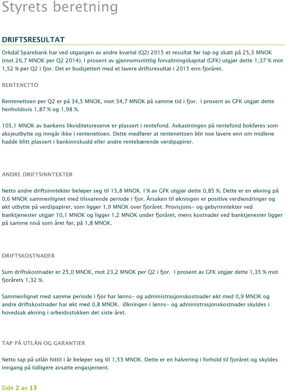 Rentenettoen per Q2 er på 34,5 MNOK, mot 34,7 MNOK på samme tid i fjor. I prosent av GFK utgjør dette henholdsvis 1,87 % og 1,98 %. 105,1 MNOK av bankens likviditetsreserve er plassert i rentefond.