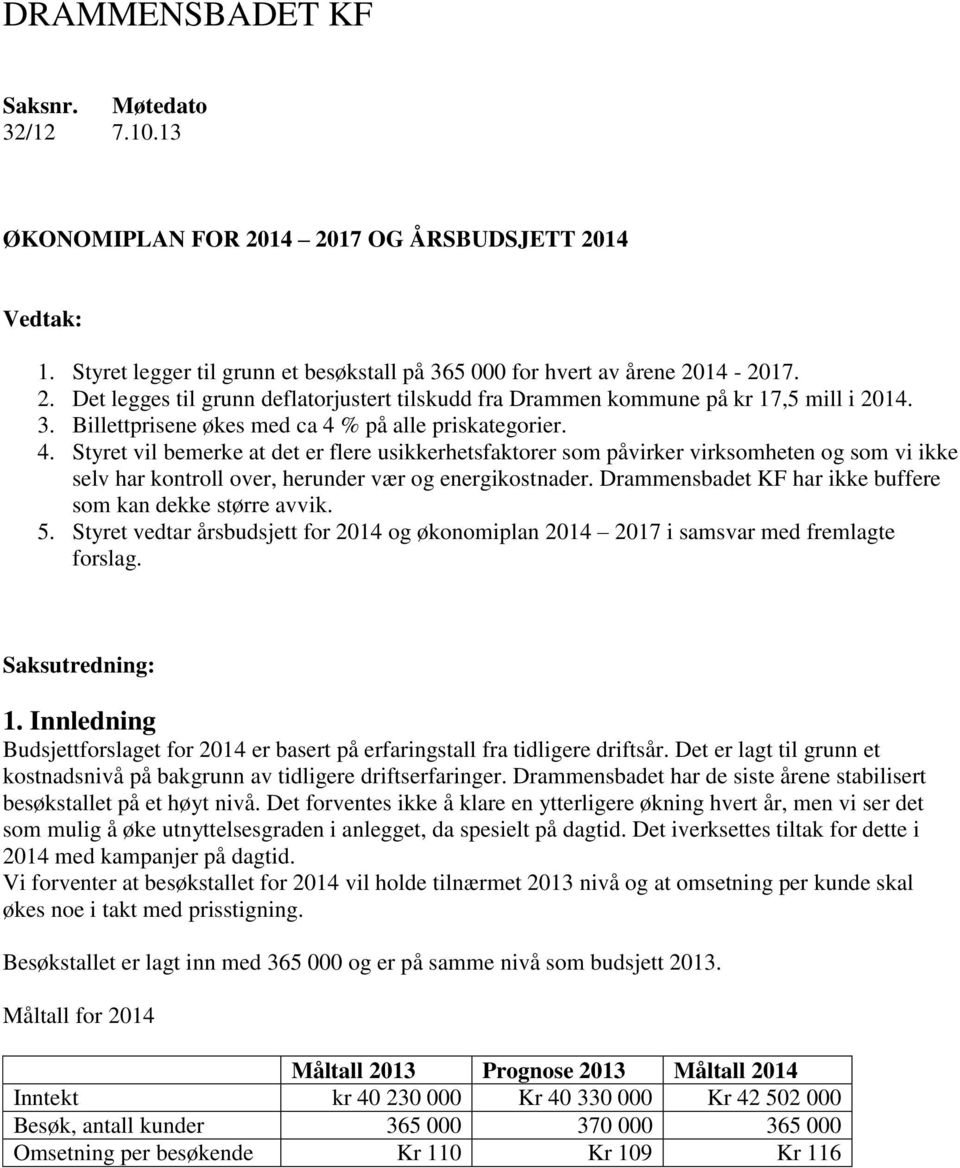 Drammensbadet KF har ikke buffere som kan dekke større avvik. 5. Styret vedtar årsbudsjett for 2014 og økonomiplan 2014 2017 i samsvar med fremlagte forslag. Saksutredning: 1.
