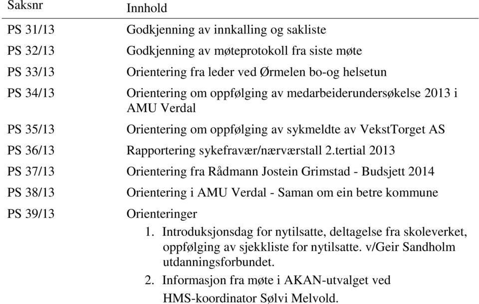 tertial 2013 PS 37/13 Orientering fra Rådmann Jostein Grimstad - Budsjett 2014 PS 38/13 PS 39/13 Orientering i AMU Verdal - Saman om ein betre kommune Orienteringer 1.