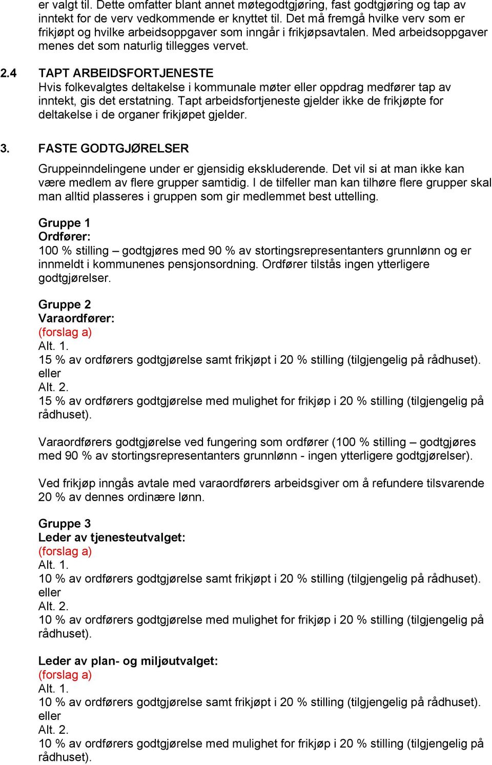 4 TAPT ARBEIDSFORTJENESTE Hvis folkevalgtes deltakelse i kommunale møter eller oppdrag medfører tap av inntekt, gis det erstatning.