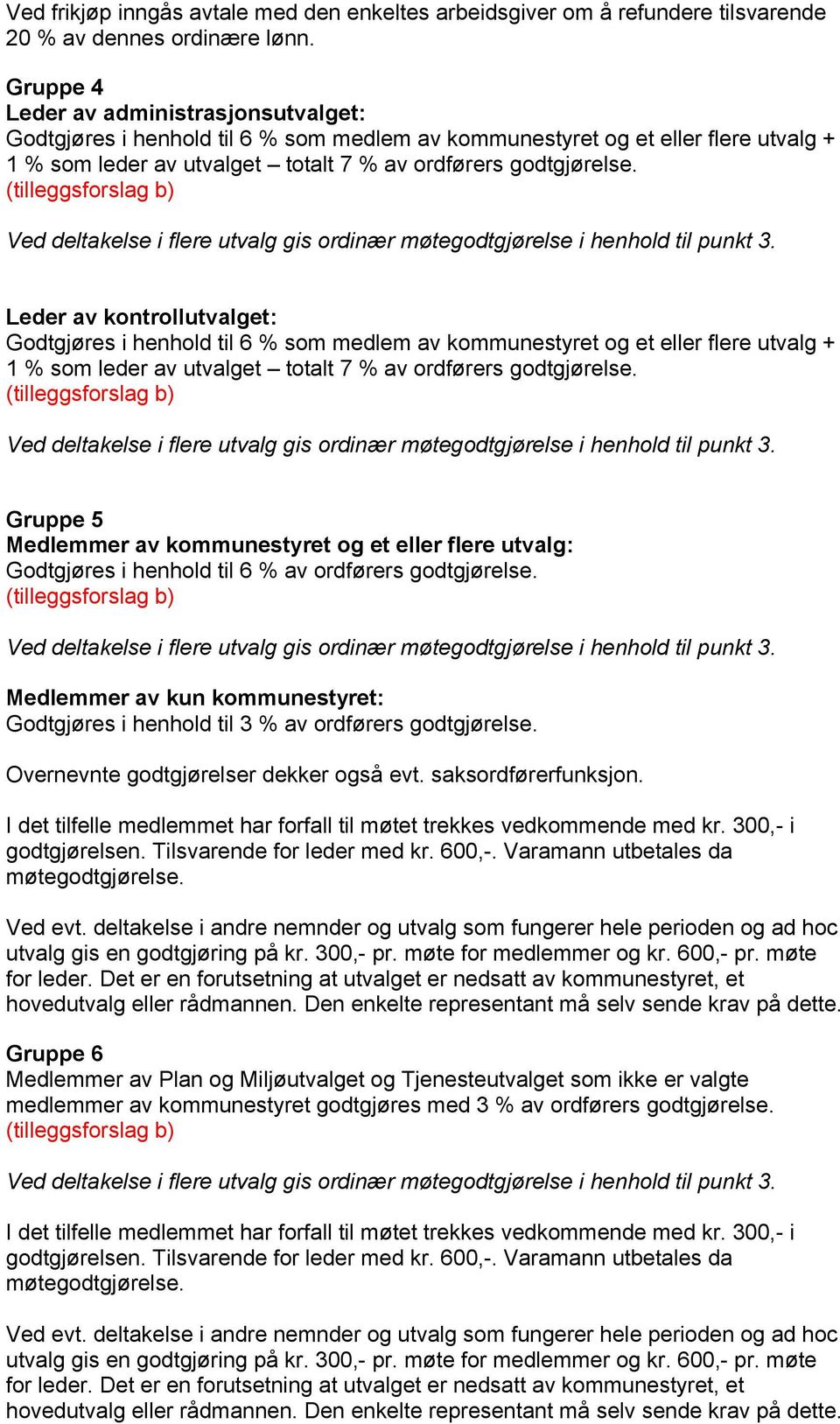 (tilleggsforslag b) Ved deltakelse i flere utvalg gis ordinær møtegodtgjørelse i henhold til punkt 3.