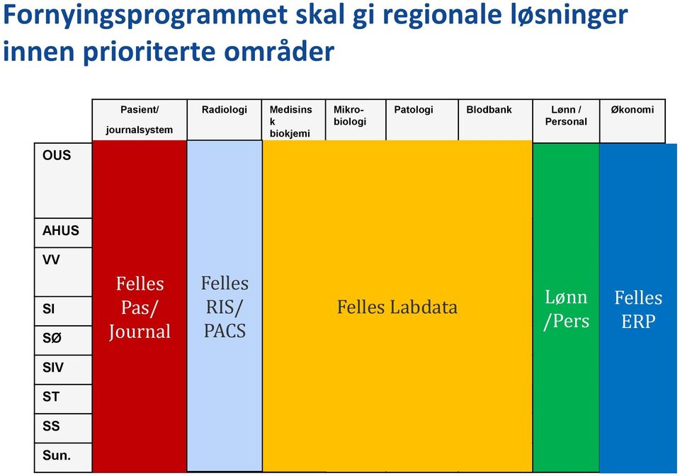 DIPS Carestream Flexlab Miclis Sympathy Bloodcraft Visma Enterprise Analytix Felles Pas/ Journal Siemens Felles RIS/ PACS Felles Labdata Prosang Lønn /Pers Felles ERP SI DIPS Siemens Analytix