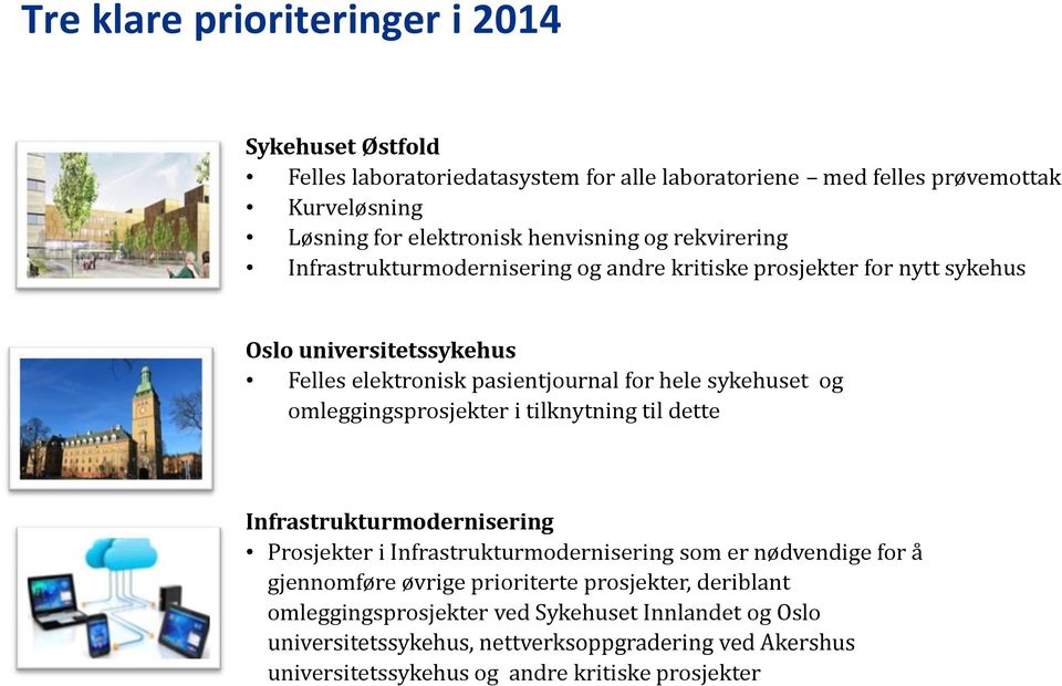 sykehuset og omleggingsprosjekter i tilknytning til dette Infrastrukturmodernisering Prosjekter i Infrastrukturmodernisering som er nødvendige for å gjennomføre øvrige