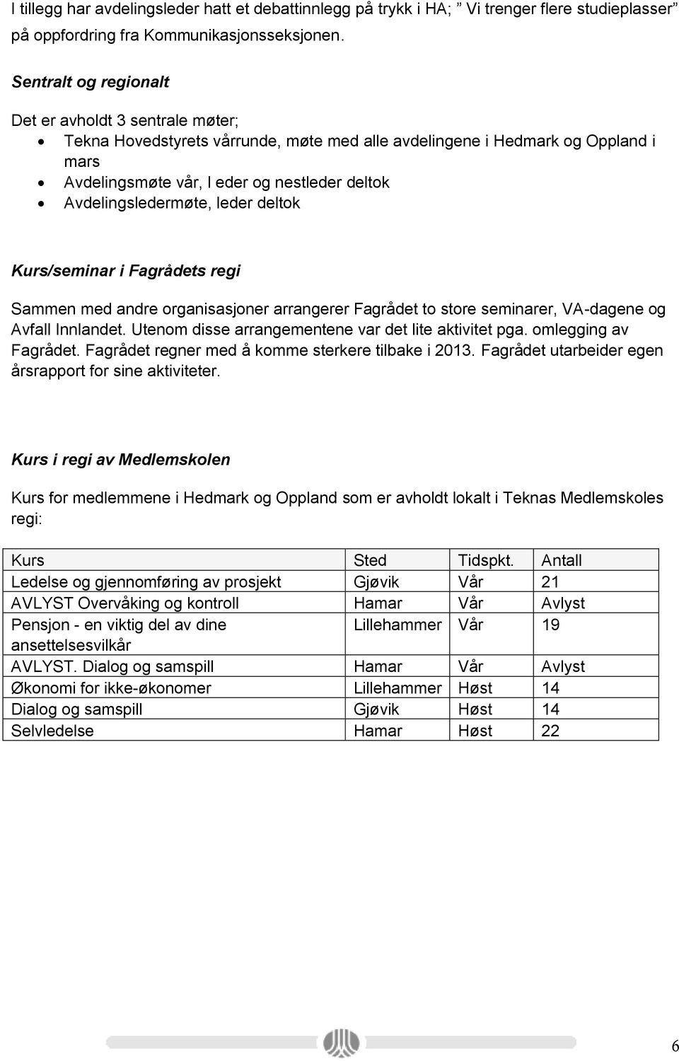 Avdelingsledermøte, leder deltok Kurs/seminar i Fagrådets regi Sammen med andre organisasjoner arrangerer Fagrådet to store seminarer, VA-dagene og Avfall Innlandet.