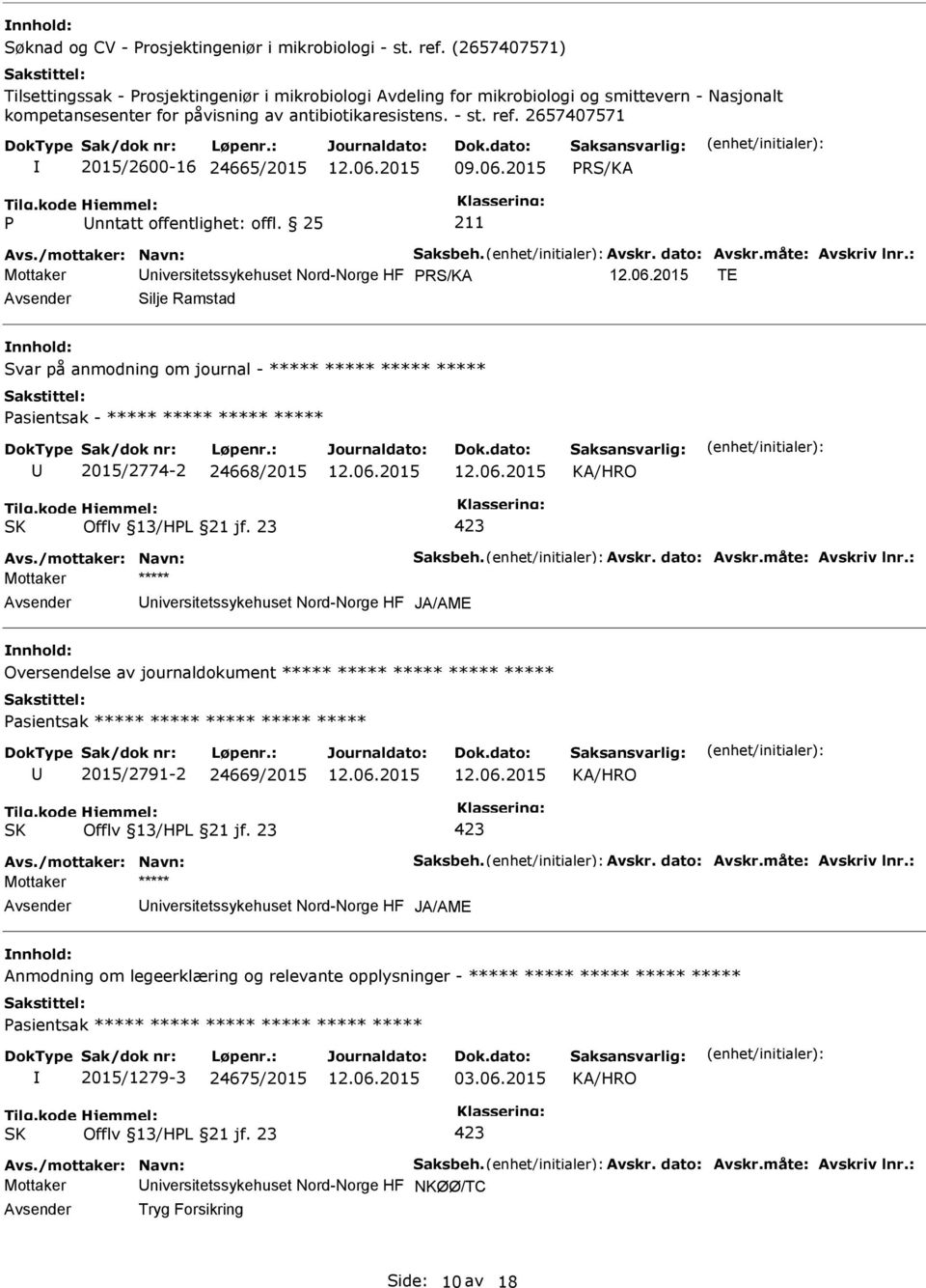 : Mottaker niversitetssykehuset Nord-Norge HF TE Silje Ramstad Svar på anmodning om journal - ***** ***** ***** ***** asientsak - ***** ***** ***** ***** 2015/2774-2 24668/2015 Avs.