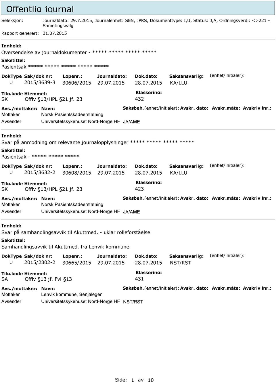 anmodning om relevante journalopplysninger ***** ***** ***** ***** Pasientsak - ***** ***** ***** 2015/3632-2 30608/2015 KA/LL Mottaker Norsk Pasientskadeerstatning niversitetssykehuset Nord-Norge HF