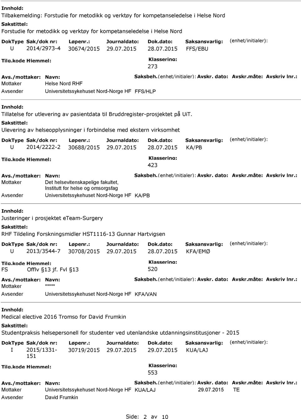 levering av helseopplysninger i forbindelse med ekstern virksomhet 2014/2222-2 30688/2015 KA/PB Mottaker Det helsevitenskapelige fakultet, nstitutt for helse og omsorgsfag niversitetssykehuset