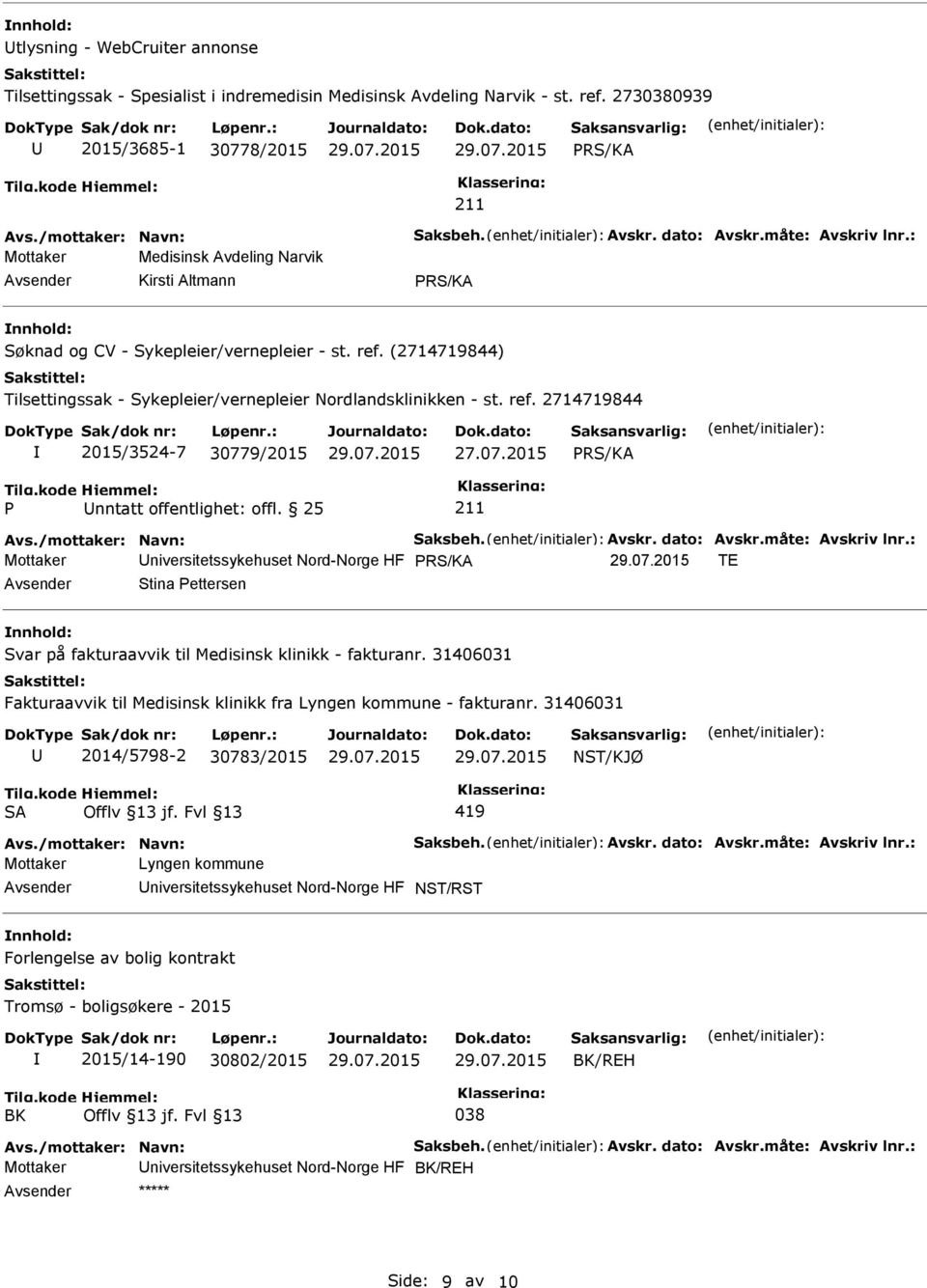 (2714719844) Tilsettingssak - Sykepleier/vernepleier Nordlandsklinikken - st. ref. 2714719844 2015/3524-7 30779/2015 PRS/KA P nntatt offentlighet: offl.