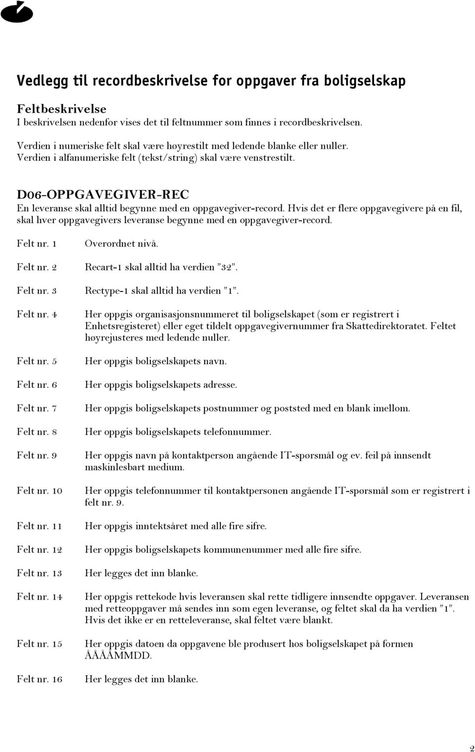 D06-OPPGAVEGIVER-REC En leveranse skal alltid begynne med en oppgavegiver-record. Hvis det er flere oppgavegivere på en fil, skal hver oppgavegivers leveranse begynne med en oppgavegiver-record.