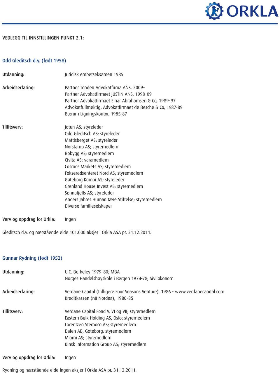 Advokatfirmaet de Besche & Co, 1987-89 Bærum Ligningskontor, 1985-87 Jotun AS; styreleder Odd Gleditsch AS; styreleder Mattisberget AS; styreleder Norstamp AS; styremedlem Bobygg AS; styremedlem