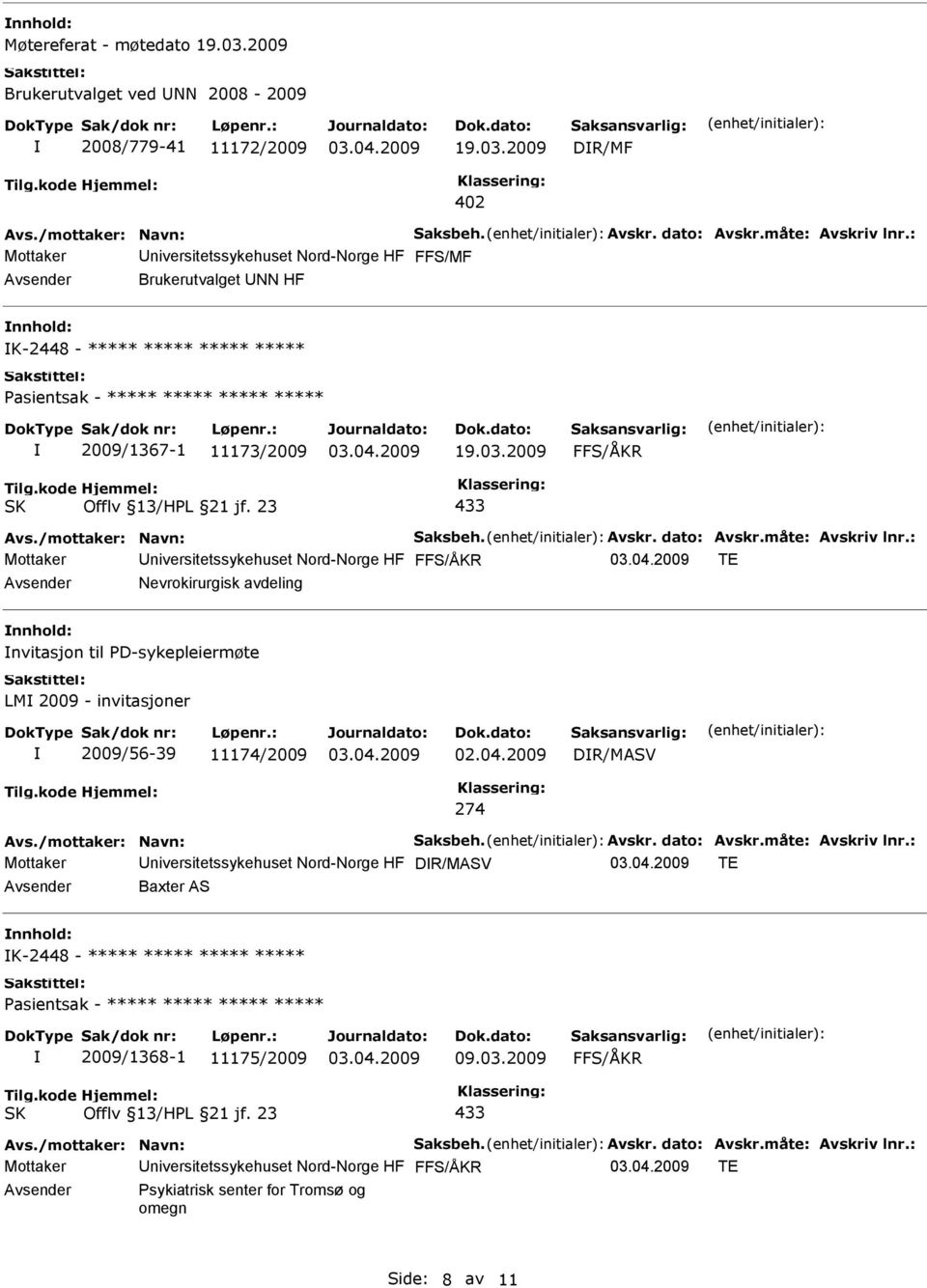 2009 DR/MF 402 Mottaker niversitetssykehuset Nord-Norge HF FFS/MF Brukerutvalget NN HF nnhold: K-2448 - ***** ***** ***** ***** 2009/1367-1 11173/2009 19.03.
