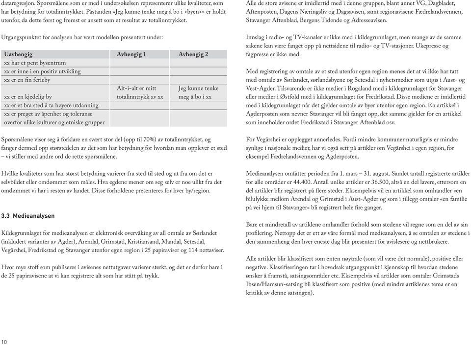 Utgangspunktet for analysen har vært modellen presentert under: Uavhengig Avhengig 1 Avhengig 2 xx har et pent bysentrum xx er inne i en positiv utvikling xx er en fin ferieby Alt-i-alt er mitt Jeg