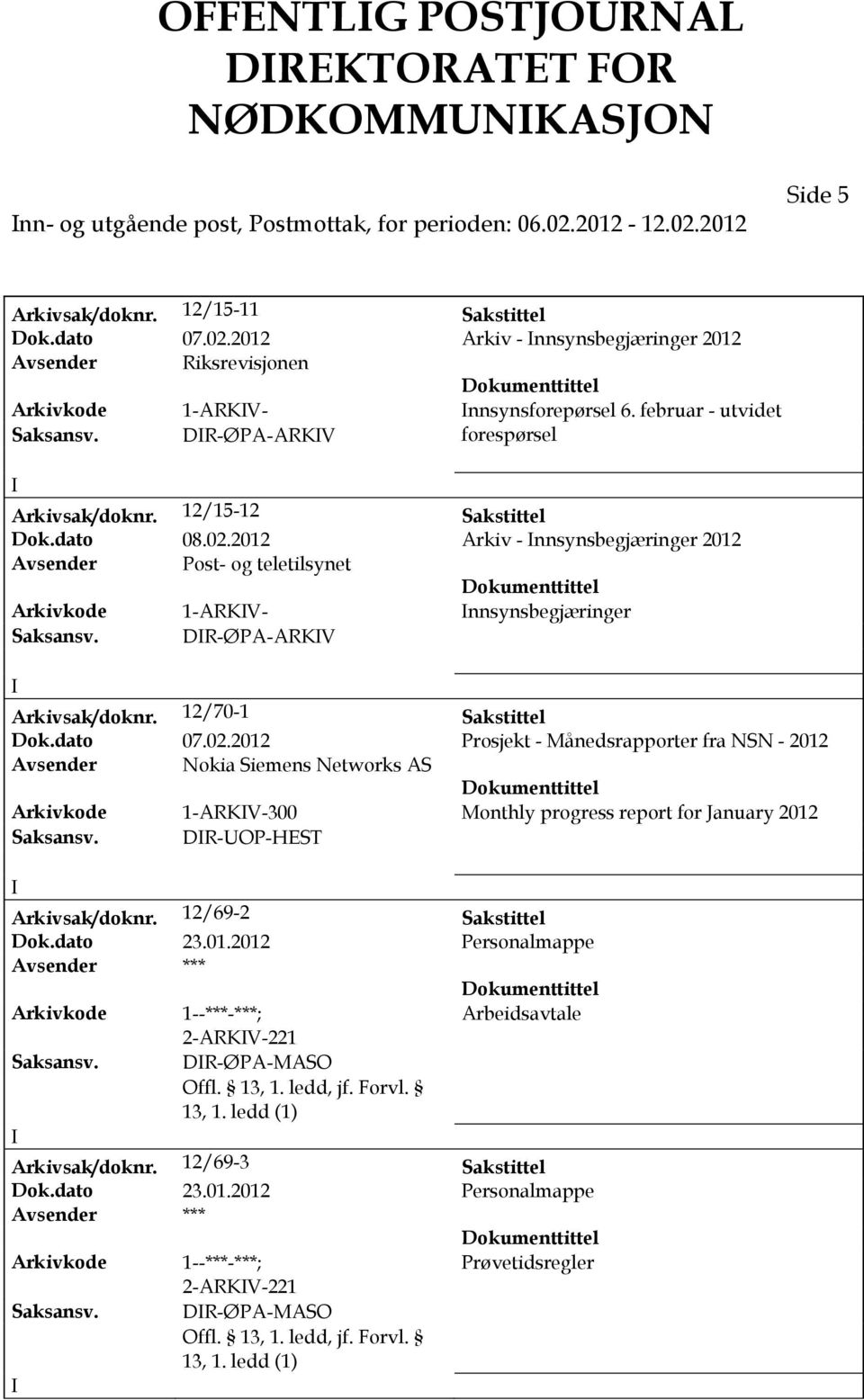 DR-ØPA-ARKV forespørsel Arkivsak/doknr. 12/15-12 Sakstittel Dok.dato 08.02.2012 Arkiv - nnsynsbegjæringer 2012 Avsender Post- og teletilsynet Arkivkode 1-ARKV- nnsynsbegjæringer Saksansv.