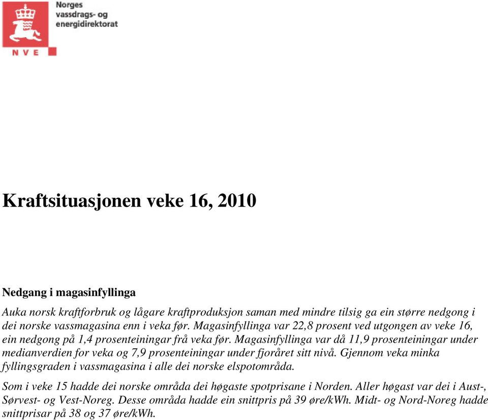 Magasinfyllinga var då 11,9 prosenteiningar under medianverdien for veka og 7,9 prosenteiningar under fjoråret sitt nivå.