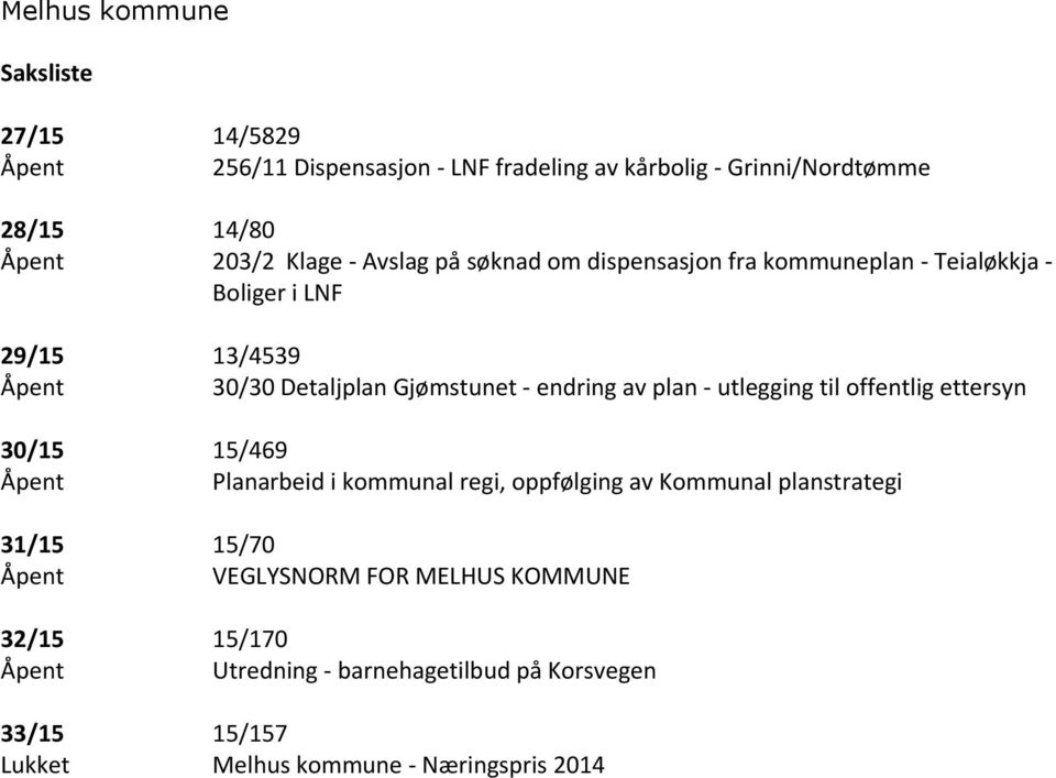 - utlegging til offentlig ettersyn 30/15 15/469 Åpent Planarbeid i kommunal regi, oppfølging av Kommunal planstrategi 31/15 15/70 Åpent