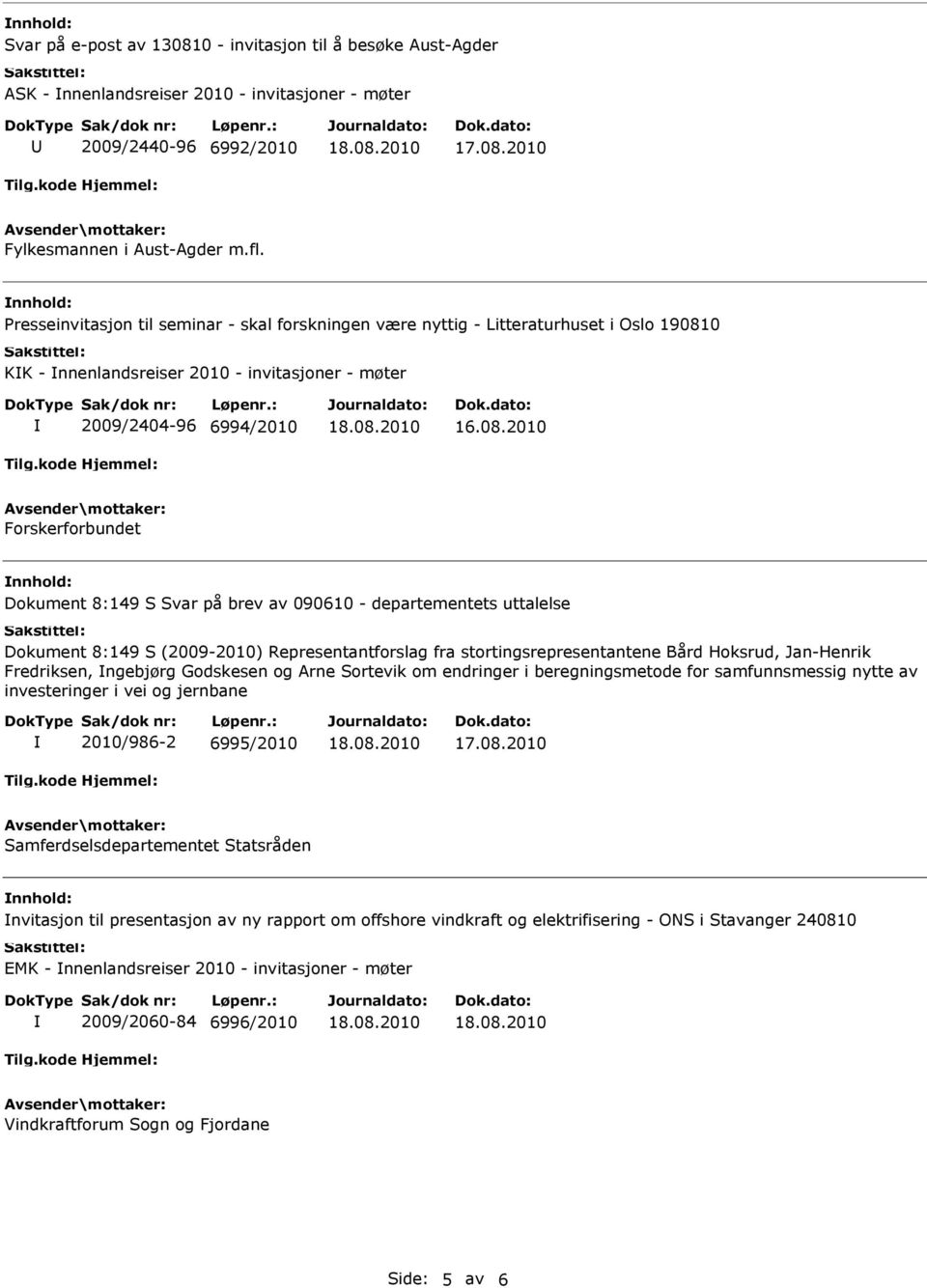 0 KK - nnenlandsreiser 2010 - invitasjoner - møter 2009/2404-96 6994/2010 16.08.