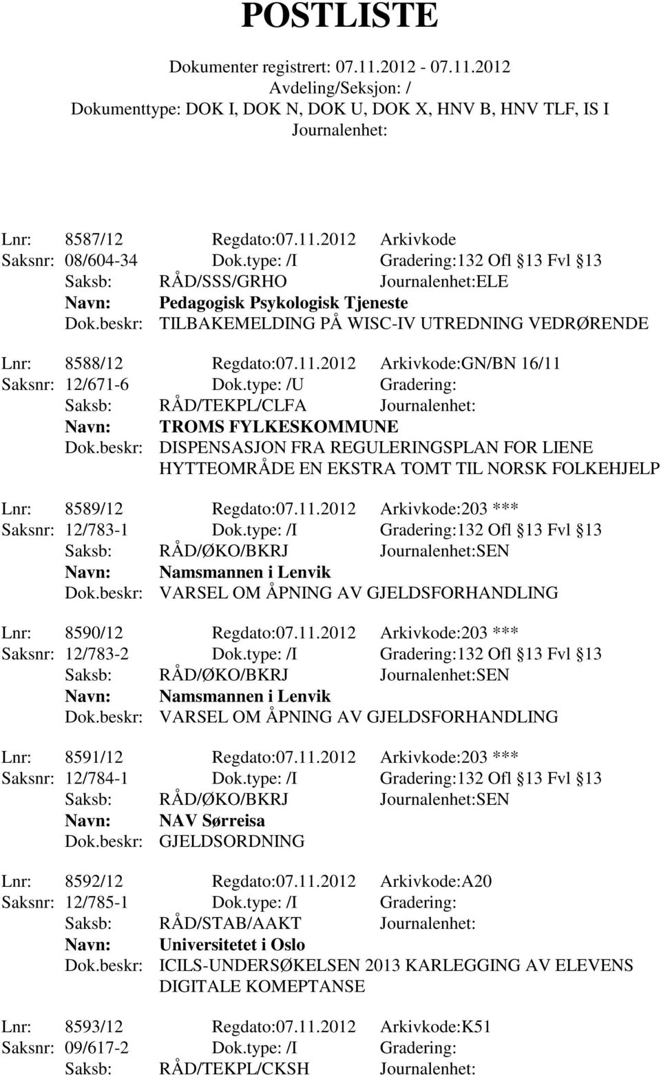 type: /U Gradering: Navn: TROMS FYLKESKOMMUNE ENSASJON FRA REGULERINGSPLAN FOR LIENE HYTTEOMRÅDE EN EKSTRA TOMT TIL NORSK FOLKEHJELP Lnr: 8589/12 Regdato:07.11.