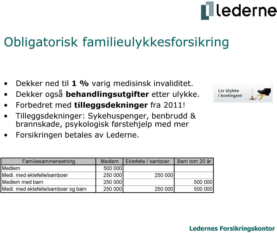 Tilleggsdekninger: Sykehuspenger, benbrudd & brannskade, psykologisk førstehjelp med mer Forsikringen betales av Lederne.