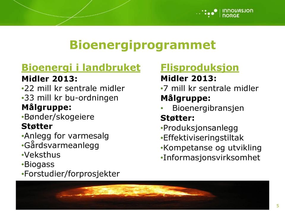 Biogass Forstudier/forprosjekter Flisproduksjon Midler 2013: 7 mill kr sentrale midler Målgruppe: