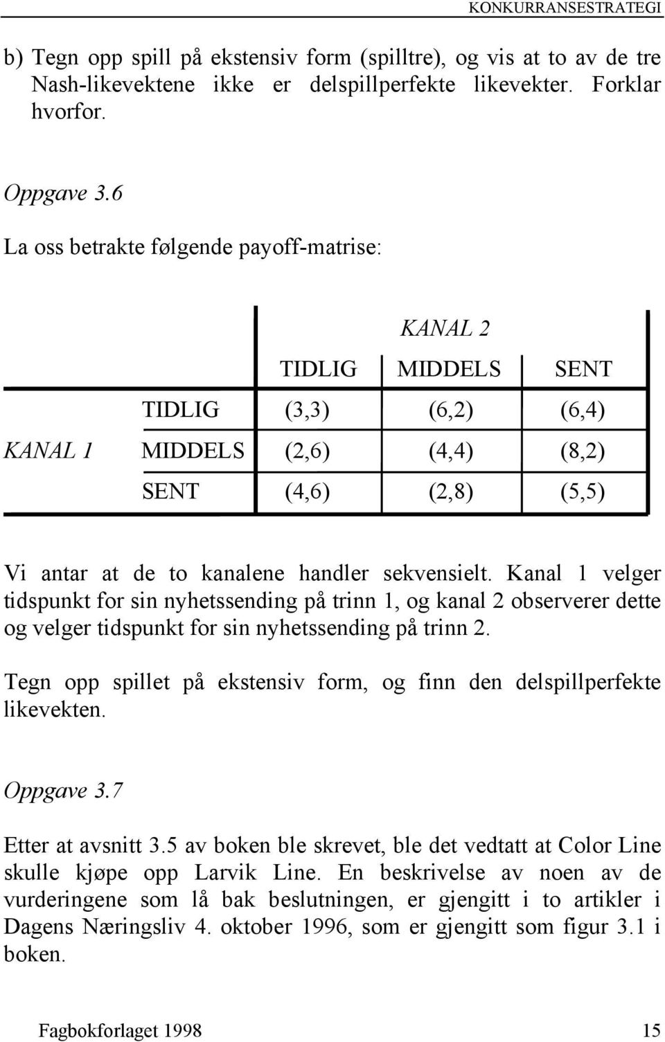 Kanal 1 velger tidspunkt for sin nyhetssending på trinn 1, og kanal 2 observerer dette og velger tidspunkt for sin nyhetssending på trinn 2.