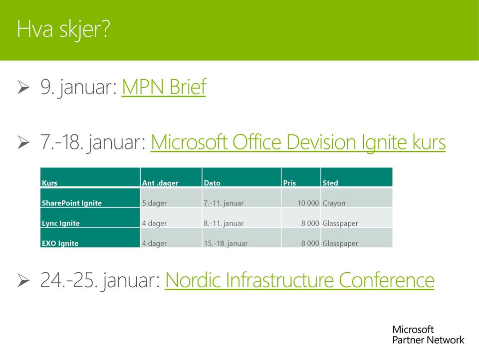 dager Dato Pris Sted SharePoint Ignite 5 dager 7.-11.