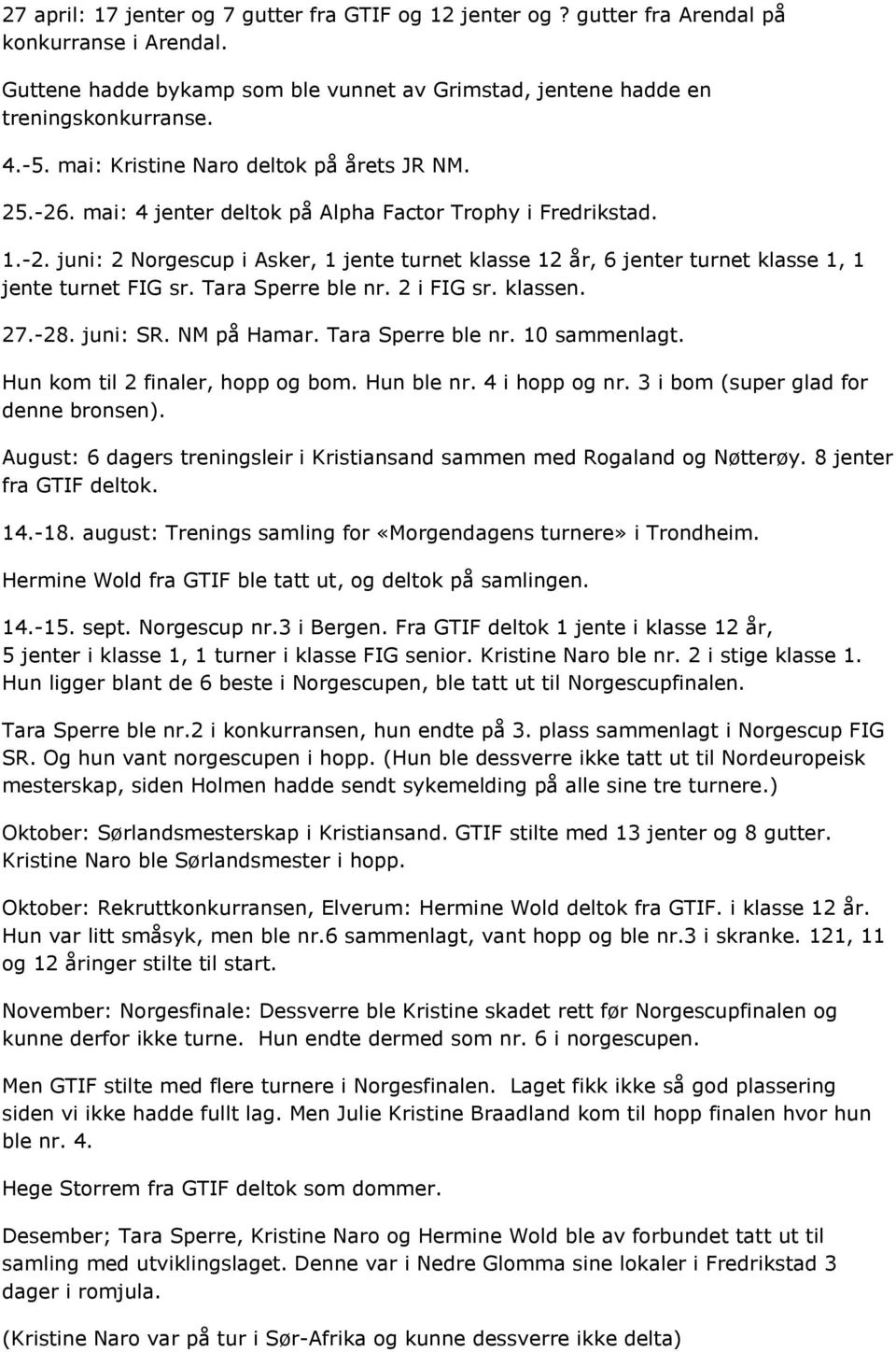 Tara Sperre ble nr. 2 i FIG sr. klassen. 27.-28. juni: SR. NM på Hamar. Tara Sperre ble nr. 10 sammenlagt. Hun kom til 2 finaler, hopp og bom. Hun ble nr. 4 i hopp og nr.