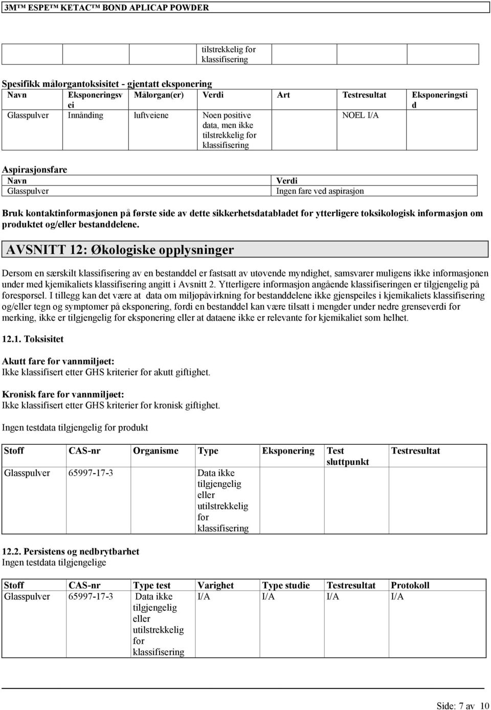 sikkerhetsdatabladet for ytterligere toksikologisk informasjon om produktet og/eller bestanddelene.