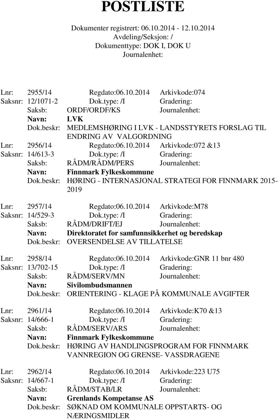 type: /I Gradering: Saksb: RÅDM/RÅDM/PERS Navn: Finnmark Fylkeskommune Dok.beskr: HØRING - INTERNASJONAL STRATEGI FOR FINNMARK 2015-2019 Lnr: 2957/14 Regdato:06.10.