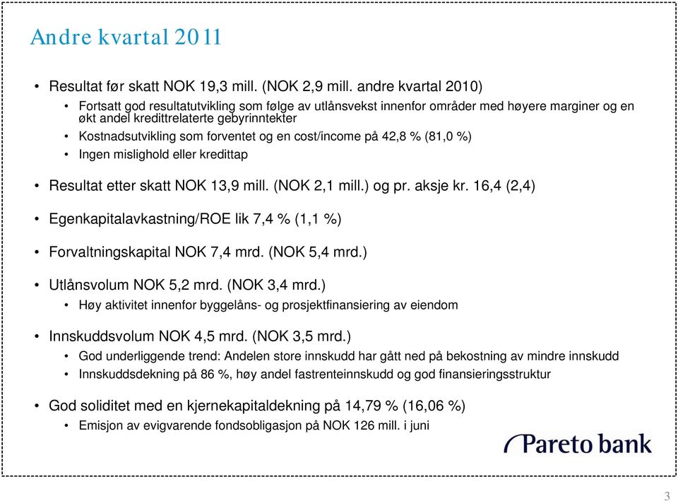 cost/income på 42,8 % (81,0 %) Ingen mislighold eller kredittap Resultat etter skatt NOK 13,9 mill. (NOK 2,1 mill.) og pr. aksje kr.