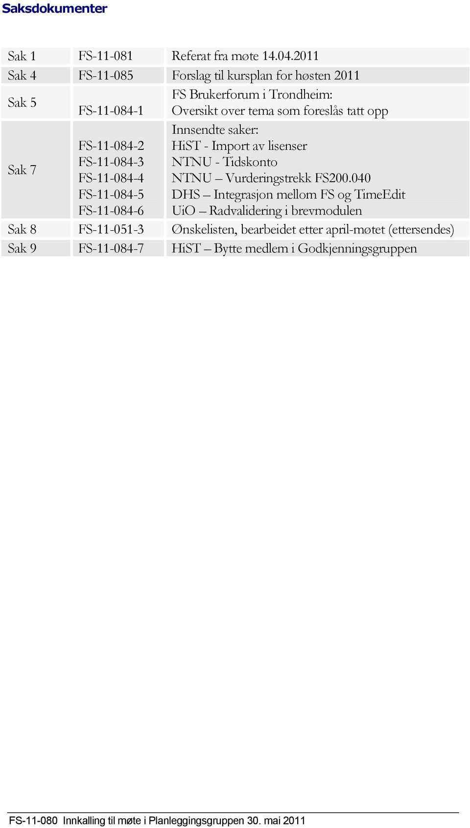 saker: FS-11-084-2 HiST - Import av lisenser Sak 7 FS-11-084-3 NTNU - Tidskonto FS-11-084-4 NTNU Vurderingstrekk FS200.