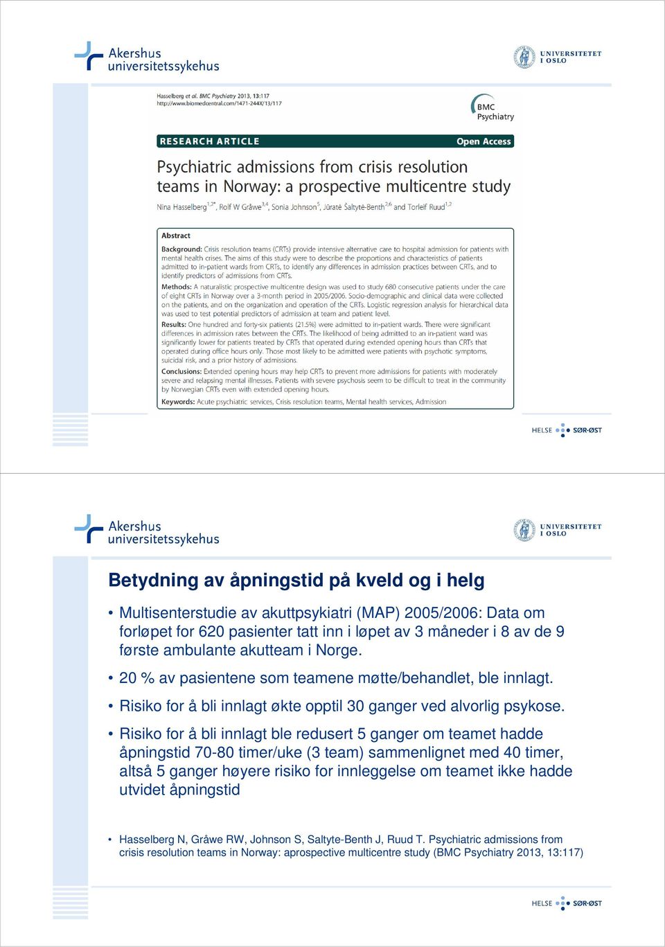 Risiko for å bli innlagt ble redusert 5 ganger om teamet hadde åpningstid 70-80 timer/uke (3 team) sammenlignet med 40 timer, altså 5 ganger høyere risiko for innleggelse om teamet