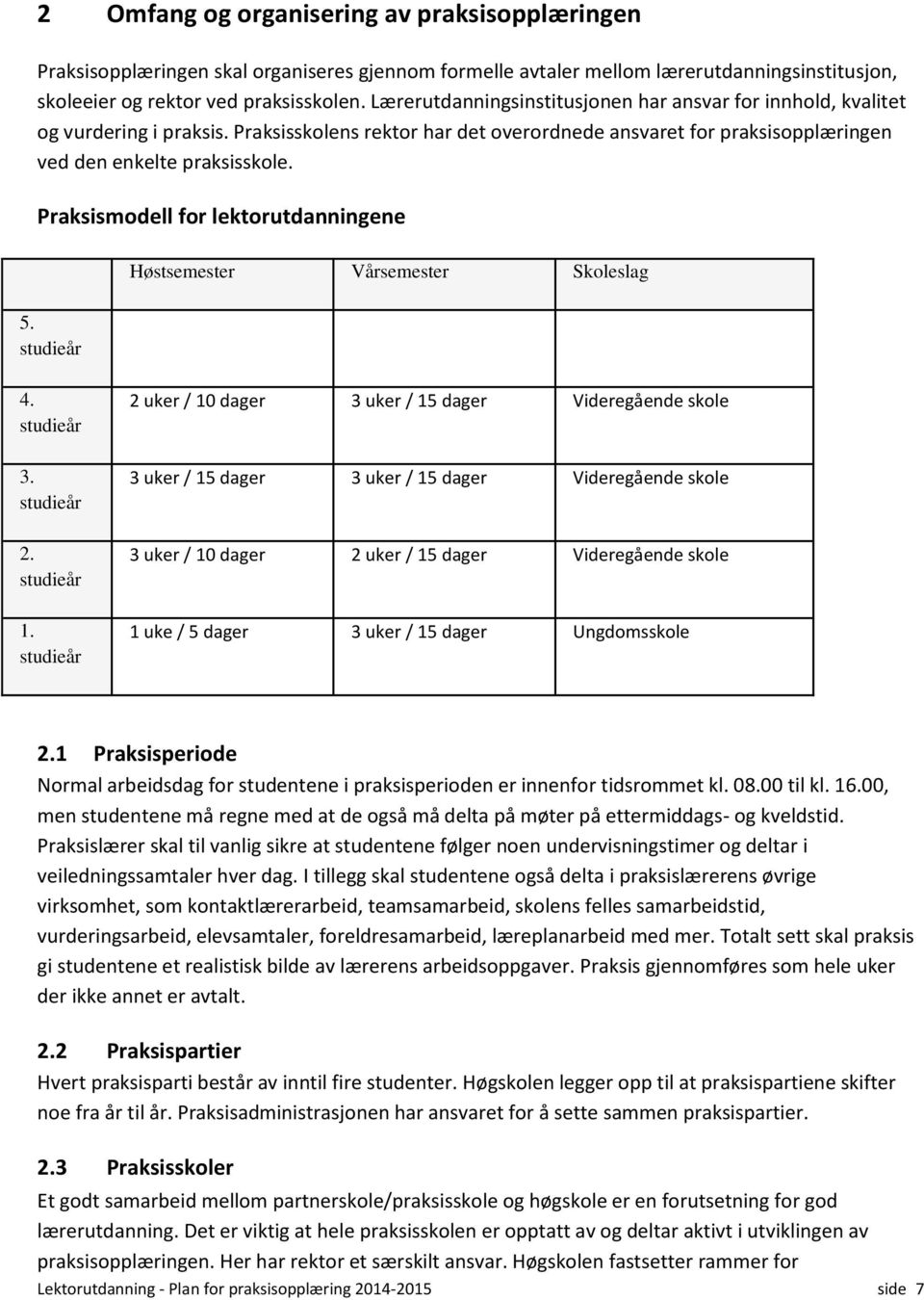 Praksismodell for lektorutdanningene Høstsemester Vårsemester Skoleslag 5. studieår 4. studieår 3. studieår 2. studieår 1.